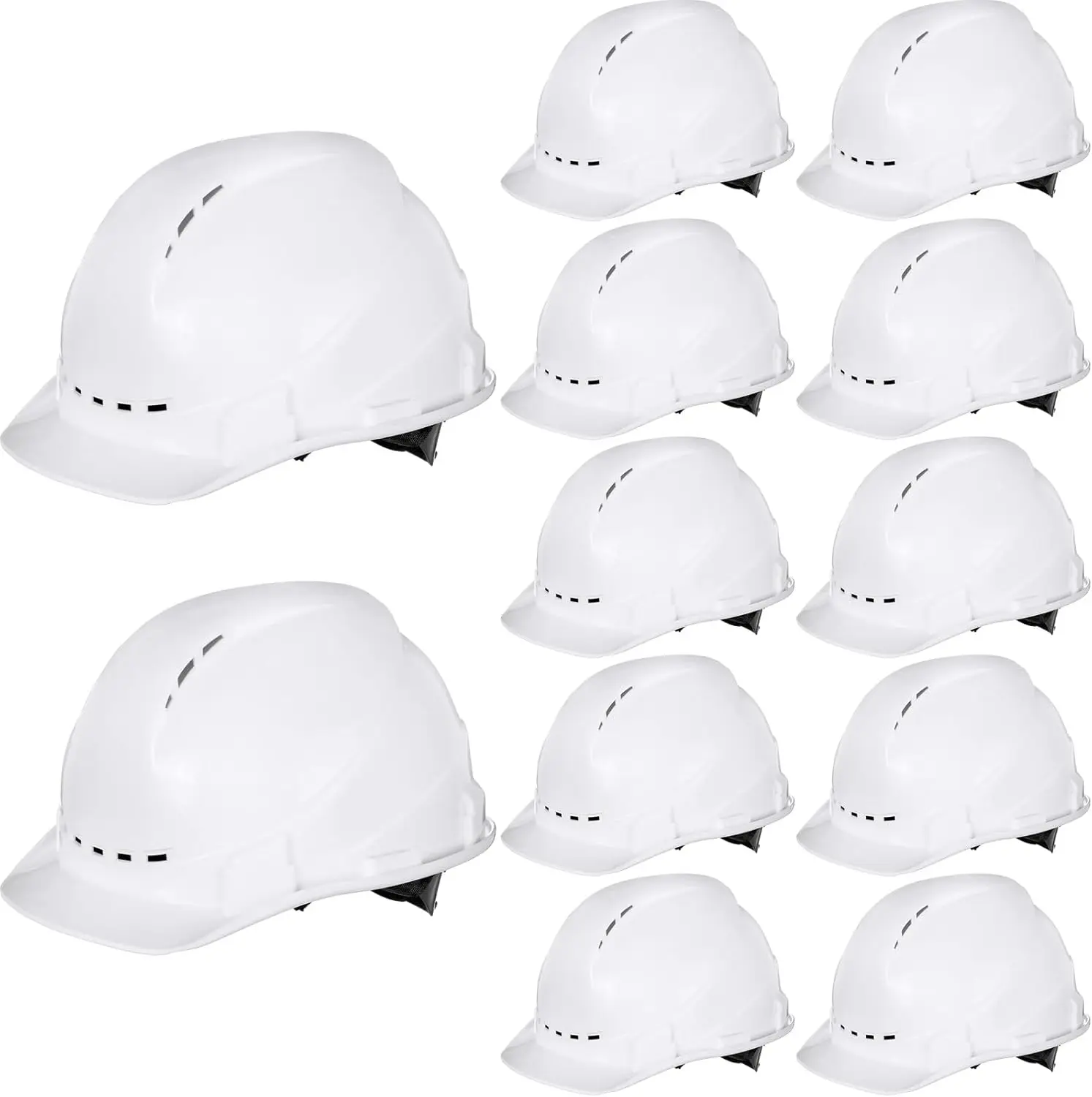 

Набор из 12 касок из АБС-пластика с вентиляционными отверстиями, регулируемой застежкой-трещоткой и хлопковой накладкой на лоб для безопасности и комфорта на работе