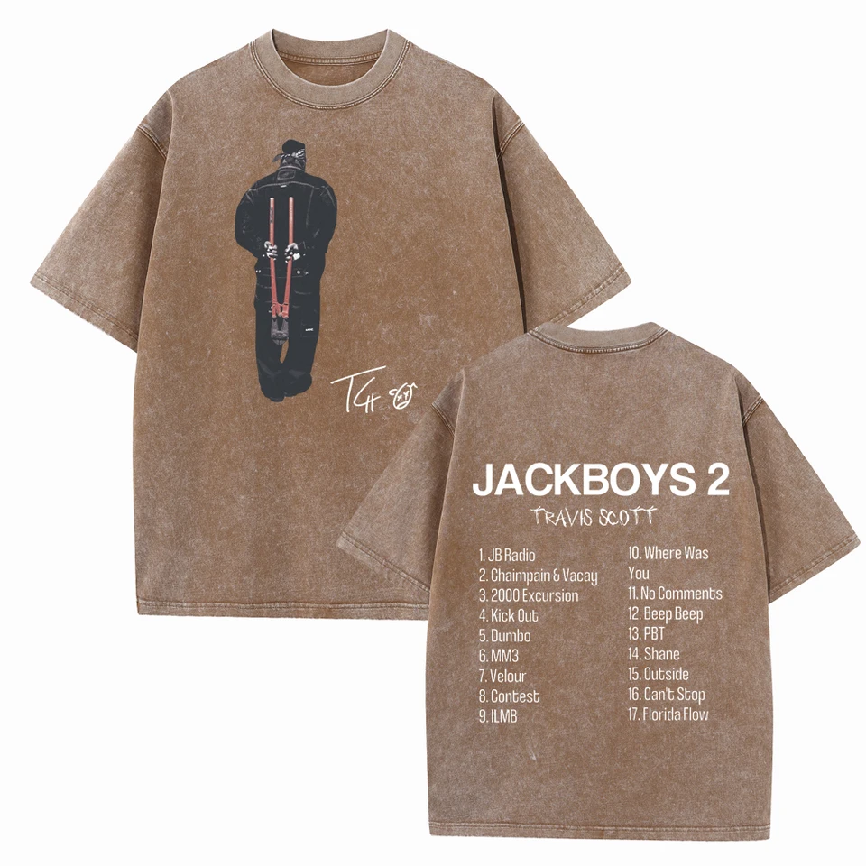JACKBOYS and Travis-Scott JACKBOYS 2 Washed T-shirt Vintage O-Neck