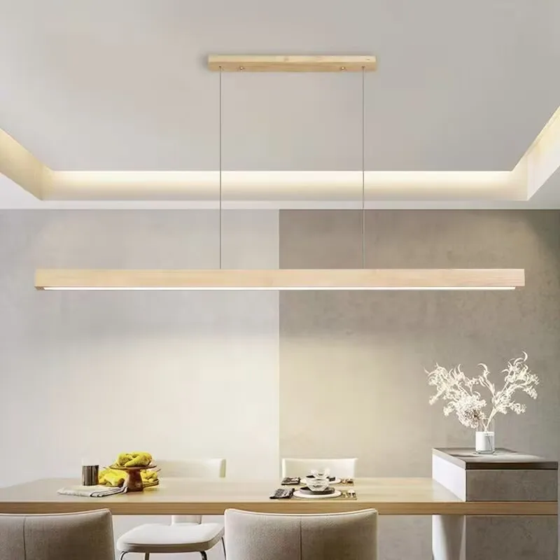 Minimalist one word solid wood dining room chandelier, LED long strip bar light, dining room table and tea room chandelier