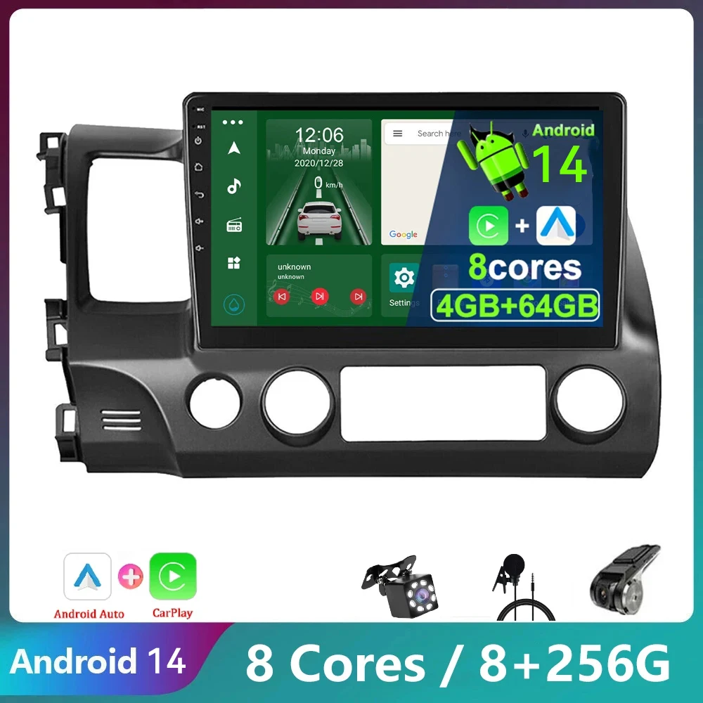 Android 14.0 Car Radio For Honda Civic 2005-2012 Multimedia Video Player Navigation GPS 4G+WIFI Carplay Speakers Head Unit DSP