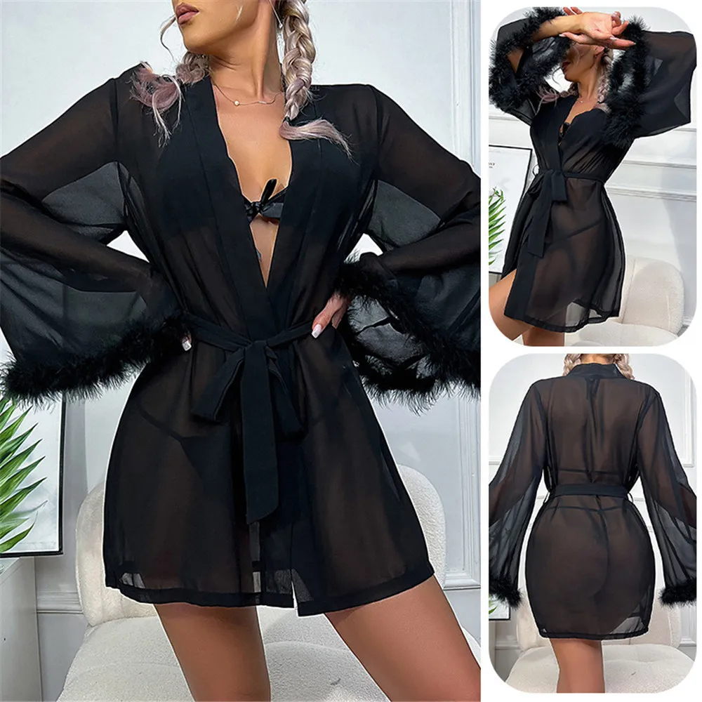 

Женский плюшевый шифоновый короткий халат с манжетами, одежда для сна, летнее сетчатое кимоно, халат, повседневная домашняя одежда, домашняя одежда