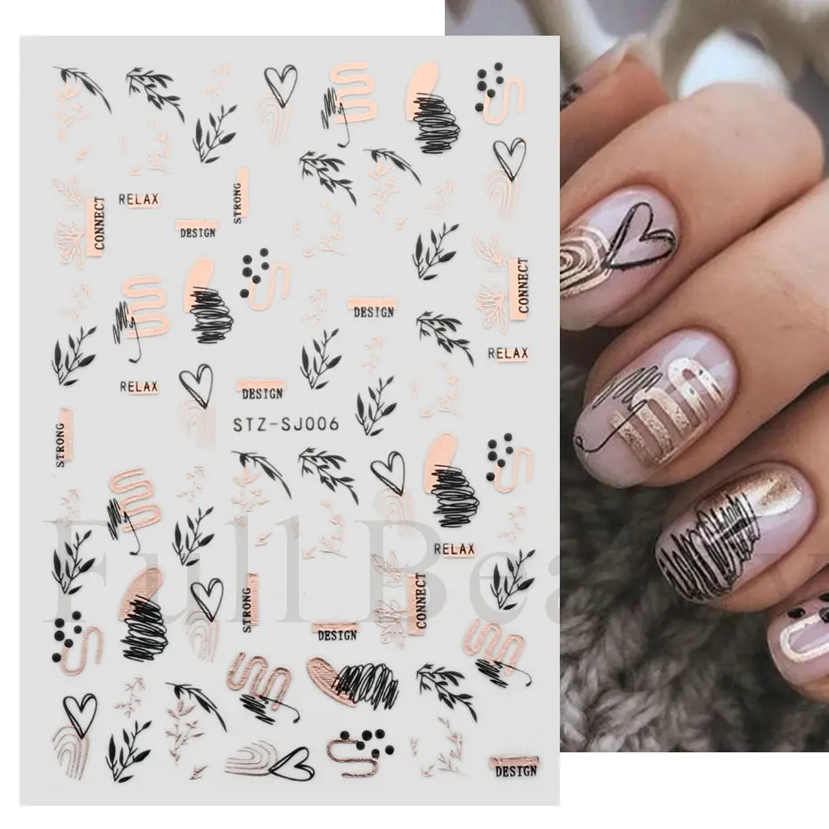 1pcs Rose Gold Leaf 3D Nail Decals Slider Metal Black Line Geometric Human Face Plants For Summer Manicure Art Stickers JISTZSJ