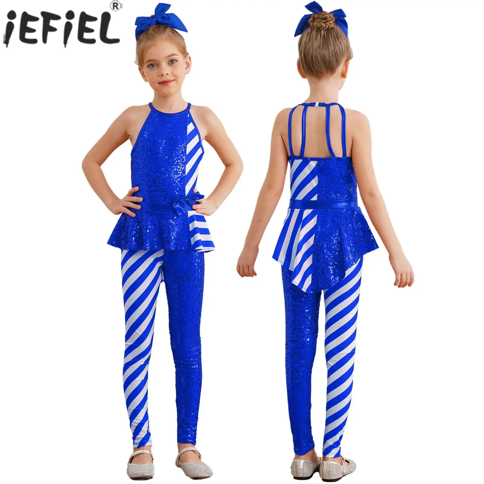 

Kids Girls Christmas Party Candy Cane Costume Ballet Dance Gymnastics Figure Skating Leotard Sleeveless Sequin Striped Bodysuit