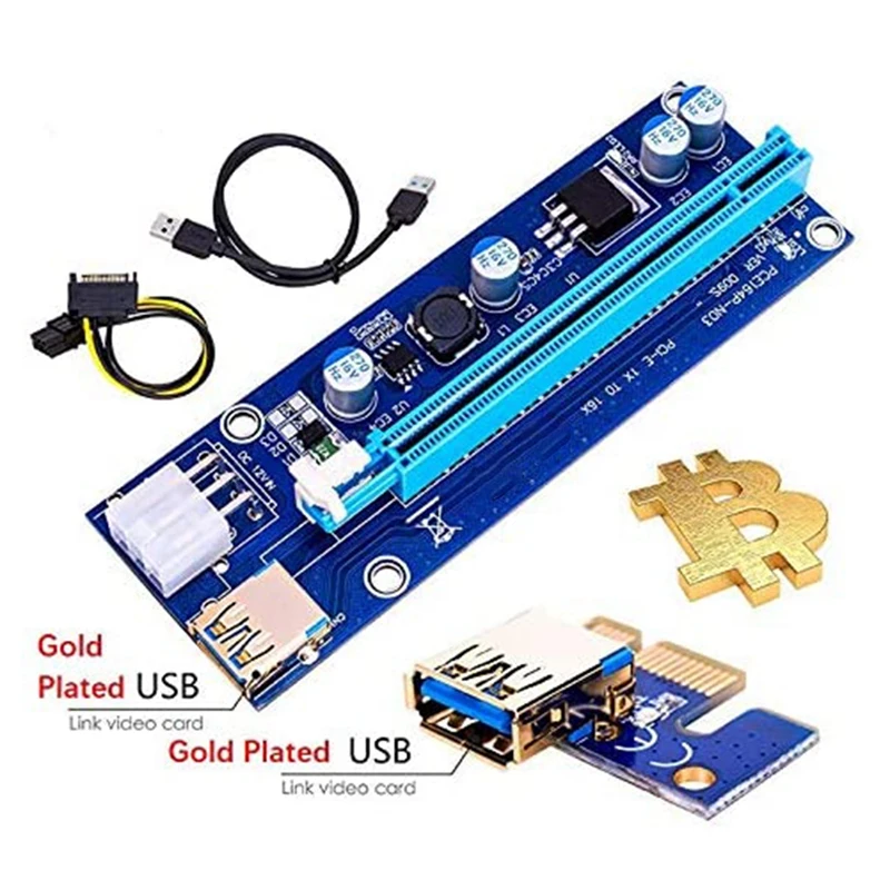 Version 009S Gold PCI-E 1X To 16X USB 3.0 Extender Riser Adapter Card 6 PIN Power GPU Board 3 LED Bitcoin Litecoin