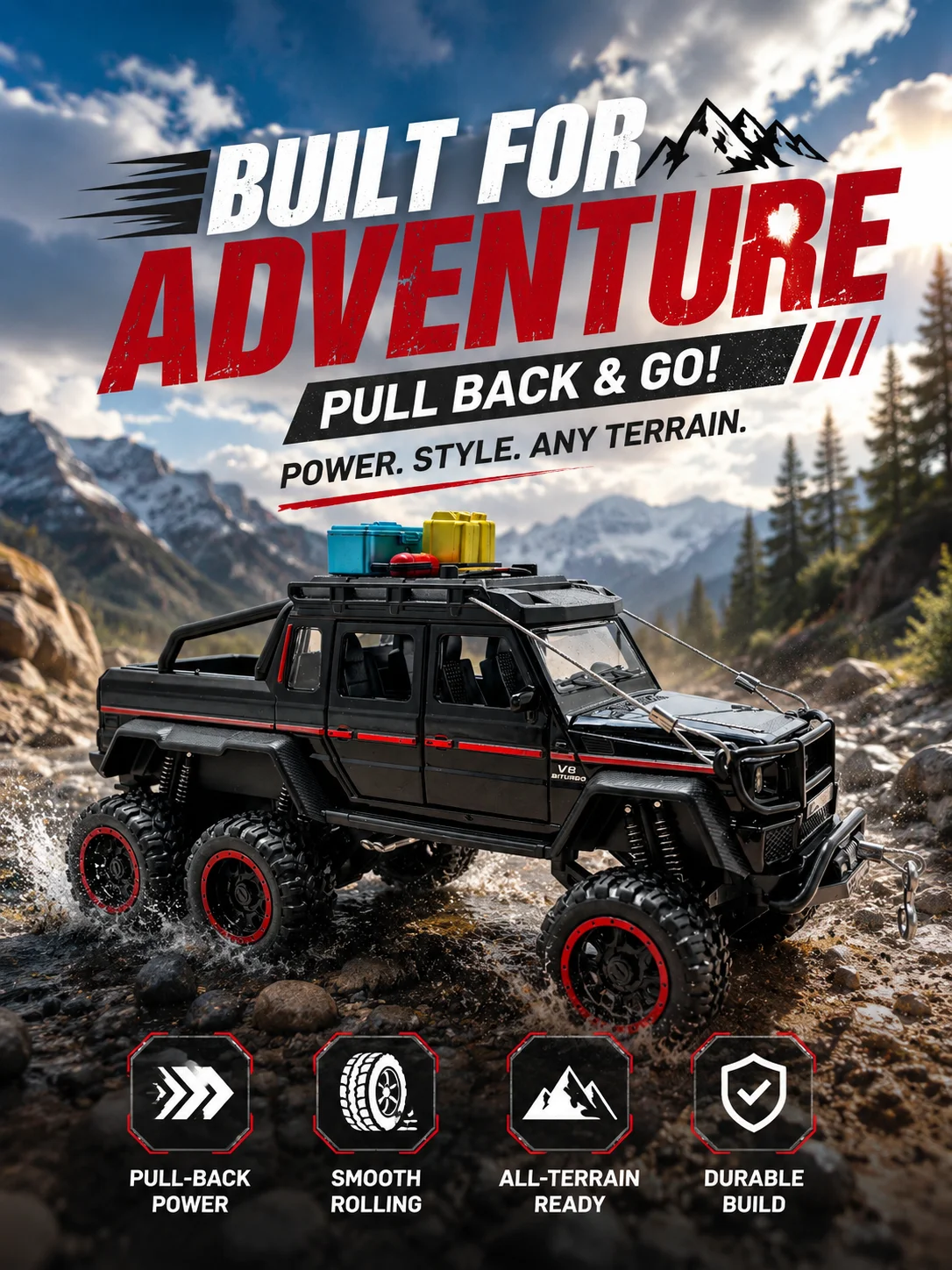 

1:24 scale model car, black SUV, multiple doors that can be opened, detachable accessories, six large rubber wheels.