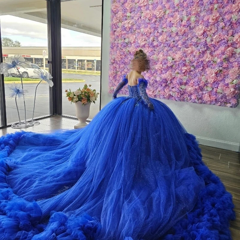 Blue Sweetheart Luxury Long Sleeved Quinceanera Dress 2024 Lace Beads Tull Tiered Ball Gown Charro Mexican Dress vestidos de 15