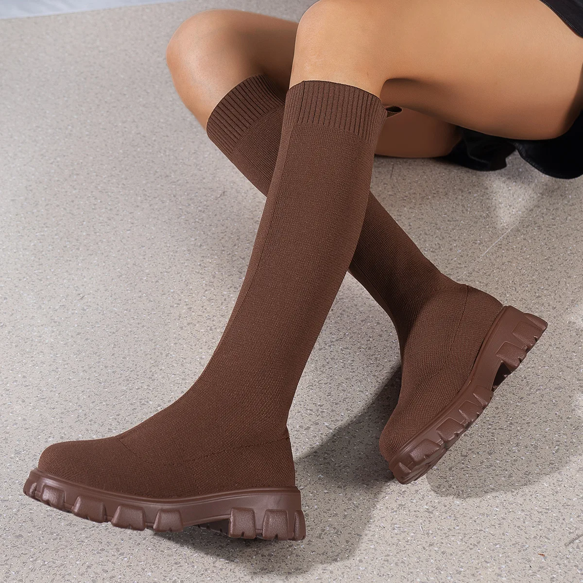 Botas largas De punto con suela gruesa para Mujer, calcetines elásticos a la moda, zapatos, Botas por encima De la rodilla, punta redonda, tacones bajos, Botas De Mujer 2025