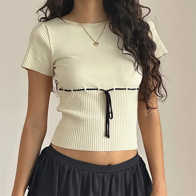 Y2K Aesthetic Slim Women T-shirts Knit Ribbed Sweet Fairy Vintage Top Tee Bow Tie Up Cutecore 2000s Chic Streetwear