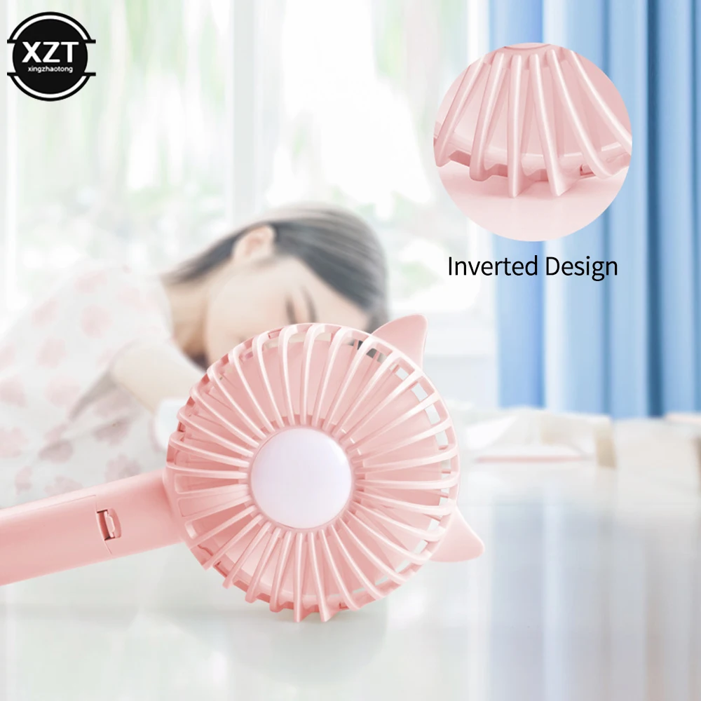 Portable Mini Handheld Electric Fan USB Rechargeable with Base Mobile Phone Holder 3 Gears Adjustable Cat Ears Fan