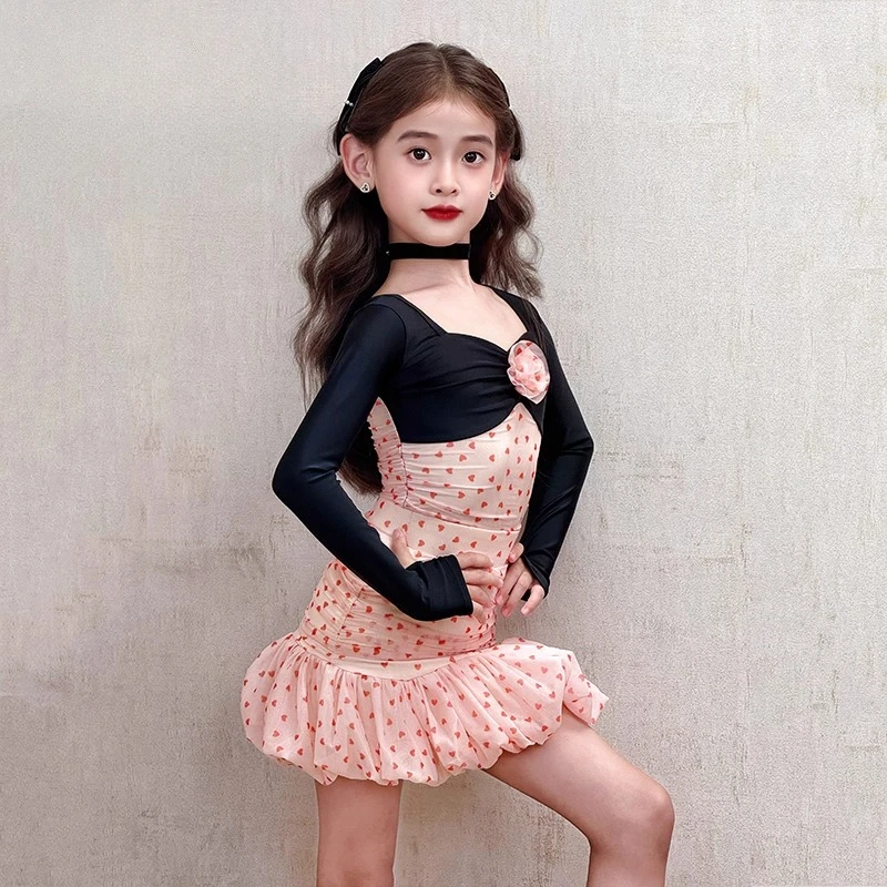 여아용 고급 가을 겨울 라틴 댄스 의상 세트 어린이 연습 및 공연복
