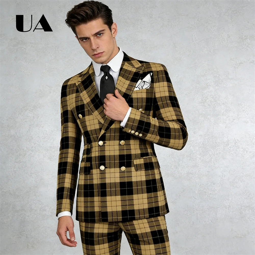 Raster Dubbele Rij Banketpak Heren Moderne Pasvorm Formele Slijtage Tweedelig Pak Set Jas Broek Diner Avondpak kledij