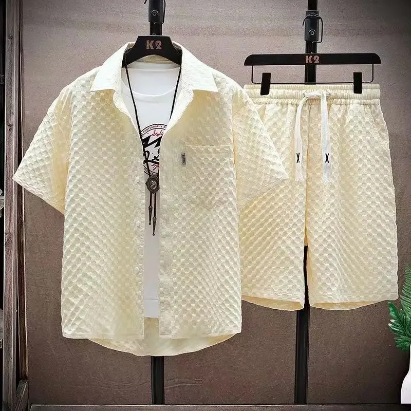 

Men's Set High Quality Ice Silk Plaid Short Sleeved Lapel Shirt Shorts Two-piece for Men Korean Luxury Casual Oversize Clothing