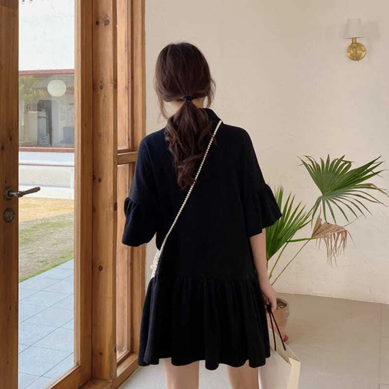 Summer Fashion Oversized Polo-neck Ruffles Loose Casual Dress Ladies Short Sleeve Solid Color Sweet Robe Women\'s Buttons Vestido