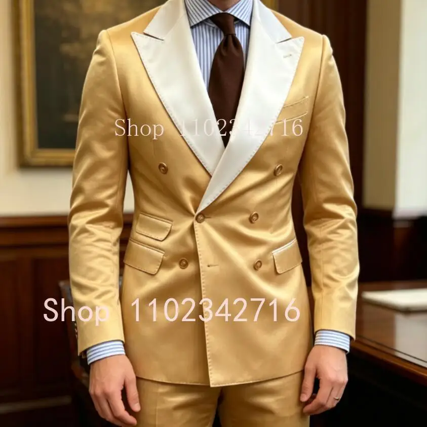 

Elegant Double Breasted Suits for Men Peaked Lapel Classic Groom Tuxedo Wedding Jacket Pants 2 Piece Set Suit Male Costume Homme