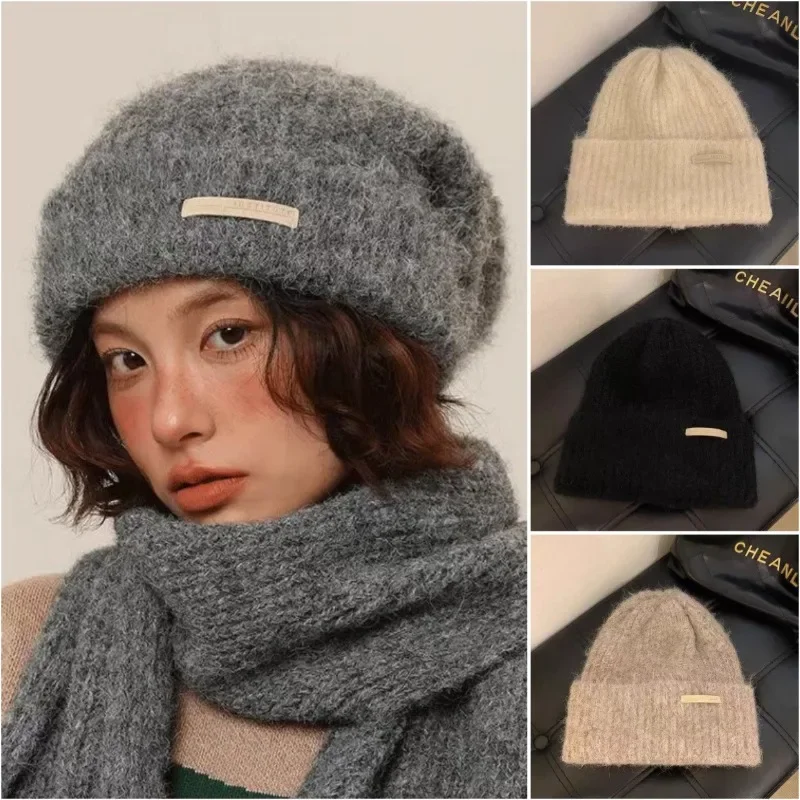 Solid Color Slouchy Beanie Large Size Winter Warm Earflap Knit Hat Face Slimming Versatile Casual Cold Weather Hat for Couples