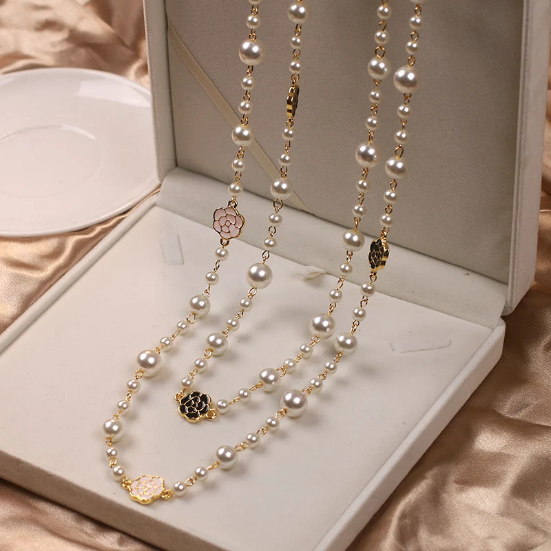 long pearl kpop chain brand neckless beads jewelry on the neck flowers femme necklace for women girls accessories gift 2022