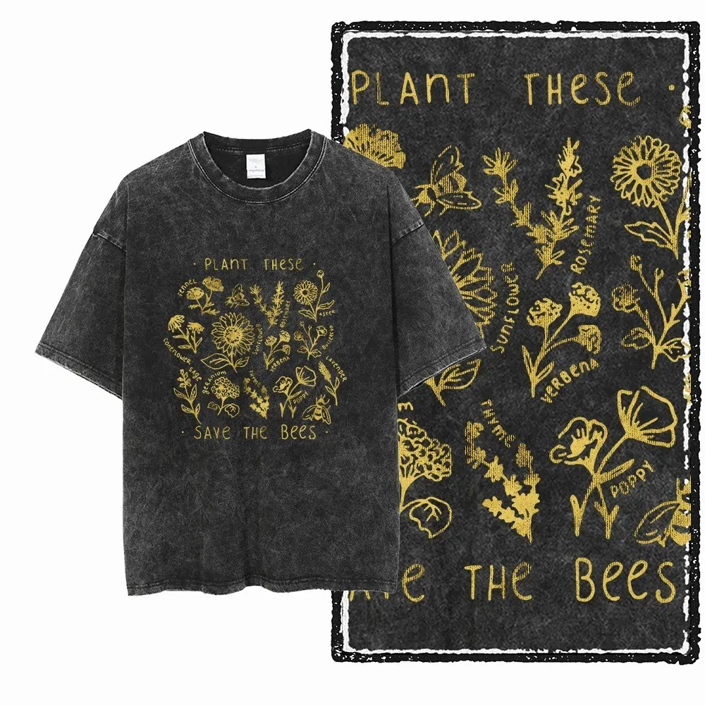 BEES Printed Acid Washed Cotton Exclusive Graphic Unisex T Shirt Cool Vintage Streetwear Men Tshirts Big Size Tee for Women