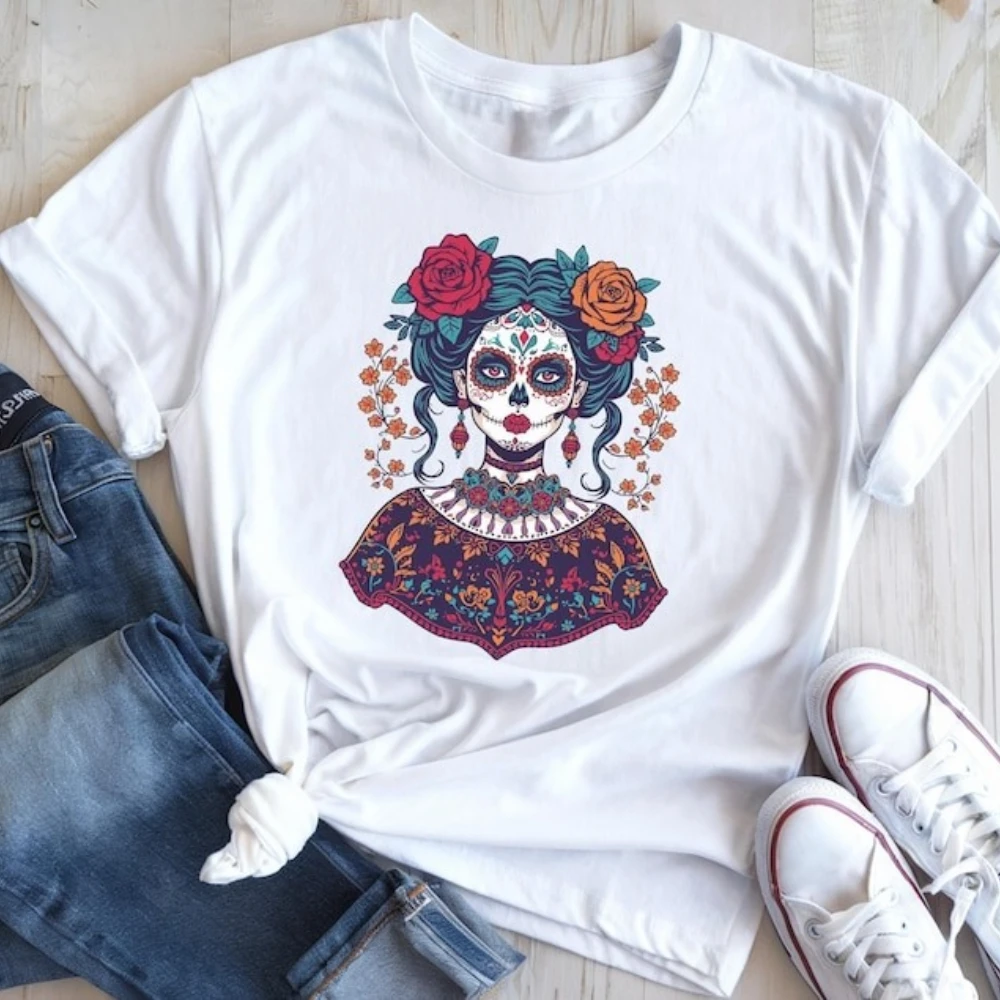 كاترينا الأزهار تي شيرت ديا دي لوس Muertos السكر الجمجمة امرأة تي شيرت المكسيكي يوم الموتى كالافيرا قميص للجنسين مهرجان ازياء