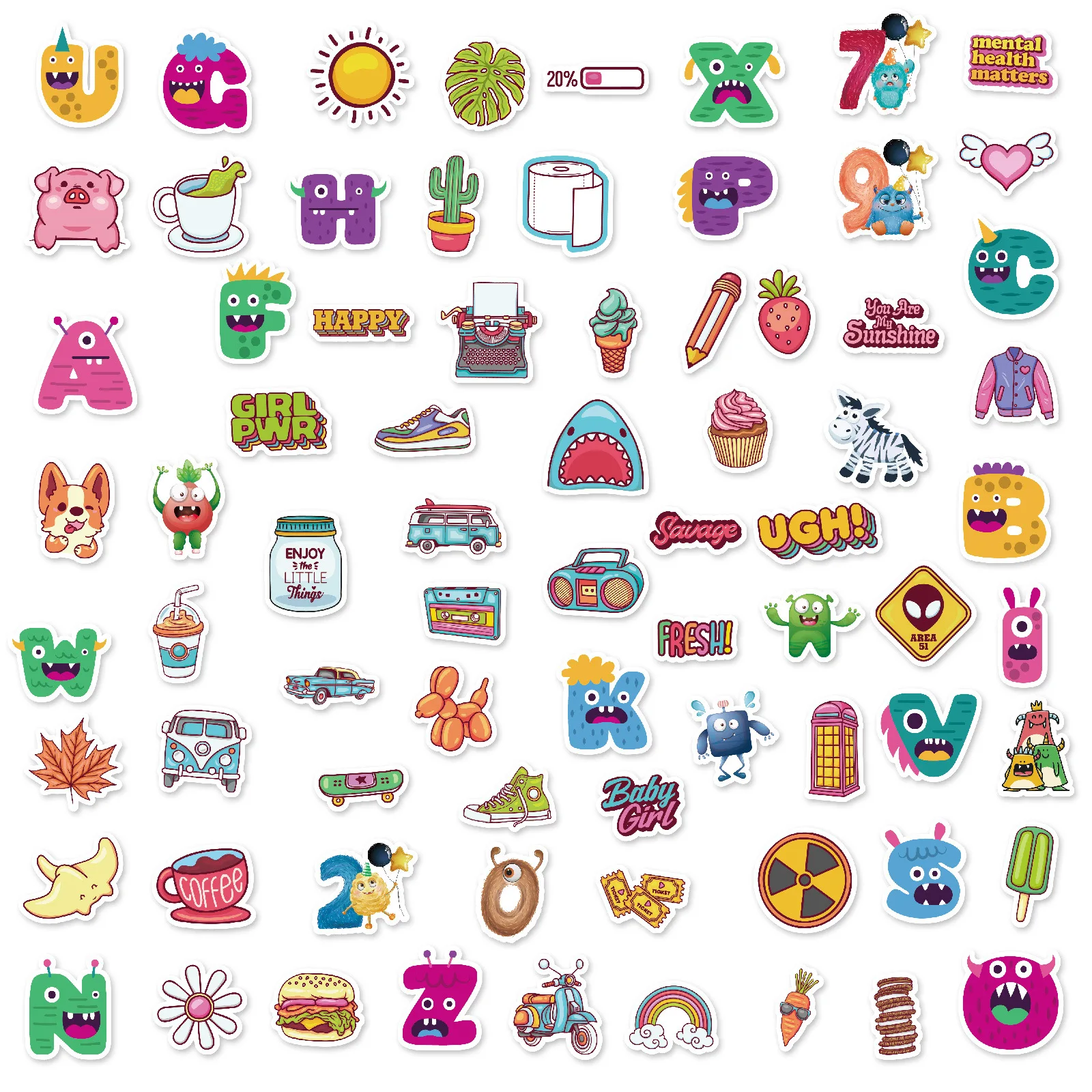 100 Stück kleine Größe 4 cm niedliche kreative Graffiti-Mix-and-Match-Aufkleber Q-Version englische Buchstaben Tieraufkleber