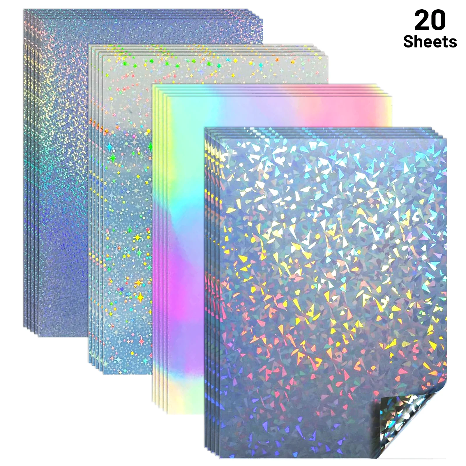 20 Sheets A4 Printable Holographic Vinyl Stickers Paper with Inkjet Printer 4 Mixed Styles - Diamond, Rainbow, Stars, Dots