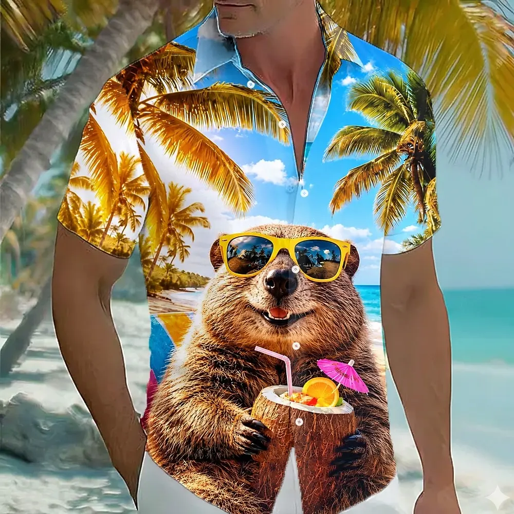 

Men's Tropical Palm Plant 3D Print Button Up Shirt, Turndown Collar Hawaiian Tops for Spring Summer Beach Casual Daily Wear
