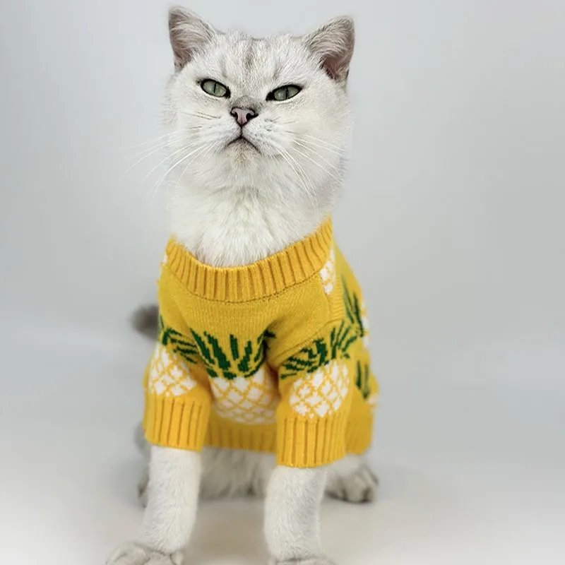 Venta al por mayor de ropa para gatos, suéteres de marca para perros de moda, lindos estampados de piña, ropa navideña para mascotas de otoño e invierno