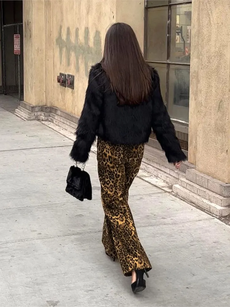 خريف موضة جديدة ريترو الساخن فتاة فضفاضة عالية الخصر ليوبارد سراويل تقليدية المرأة التنقل أنيقة تنوعا واسعة الساق بنطلون