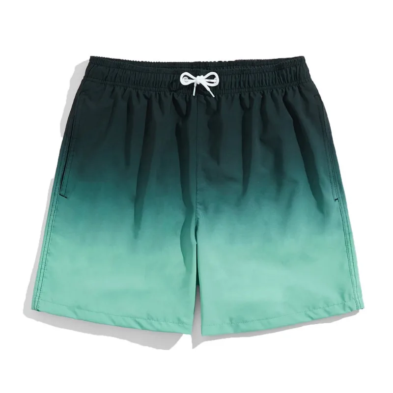 Calça de praia masculina cor gradiente, calça de banho de secagem rápida, shorts masculinos casuais soltos, estilo moderno e bonito