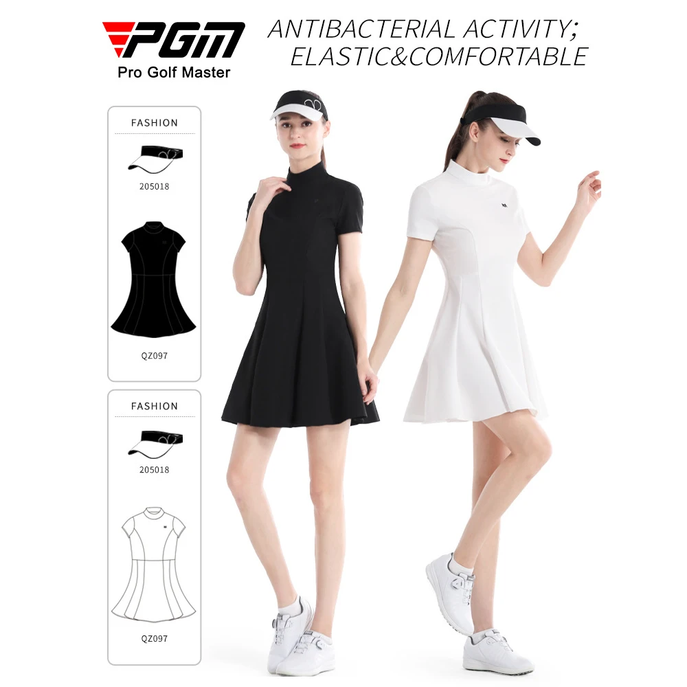 PGM Golf Women'S Dress, Summer Golf Clothing, High Elasticity Slim Fit A-Line Skirt, Stand Up Collar Short Sleeved Dress Qz097