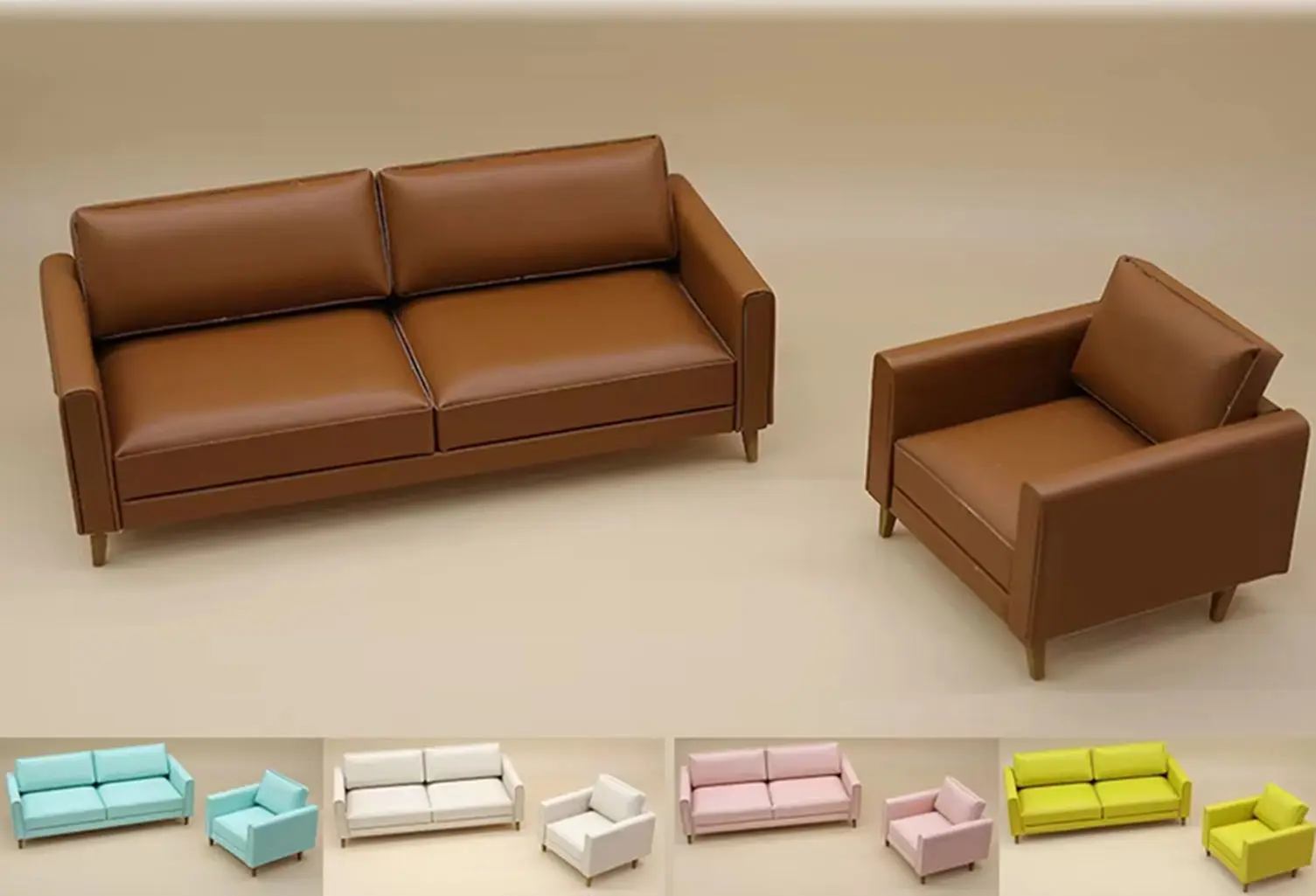 1-12-モダンレザーソファミニチュア、ドールハウスリビングルーム家具アクセサリー、2人掛けソファシングルアームチェア小道具、シーン装飾用