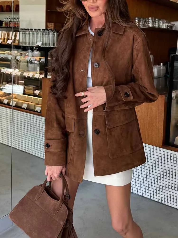 

European and American style autumn new women's clothing pocket decoration single-breasted fleece fabric lapel jacket coat