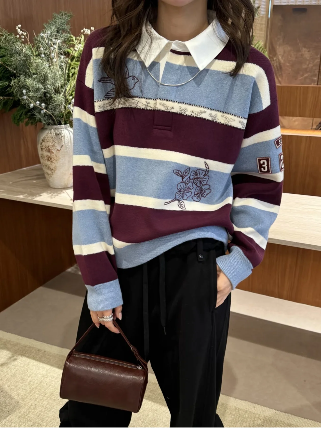 

Sea26 Early Spring Collar Knitted Sweater with Embroidered Bird And Flower Motifs Color Blo Striped Camere Blend Wom...