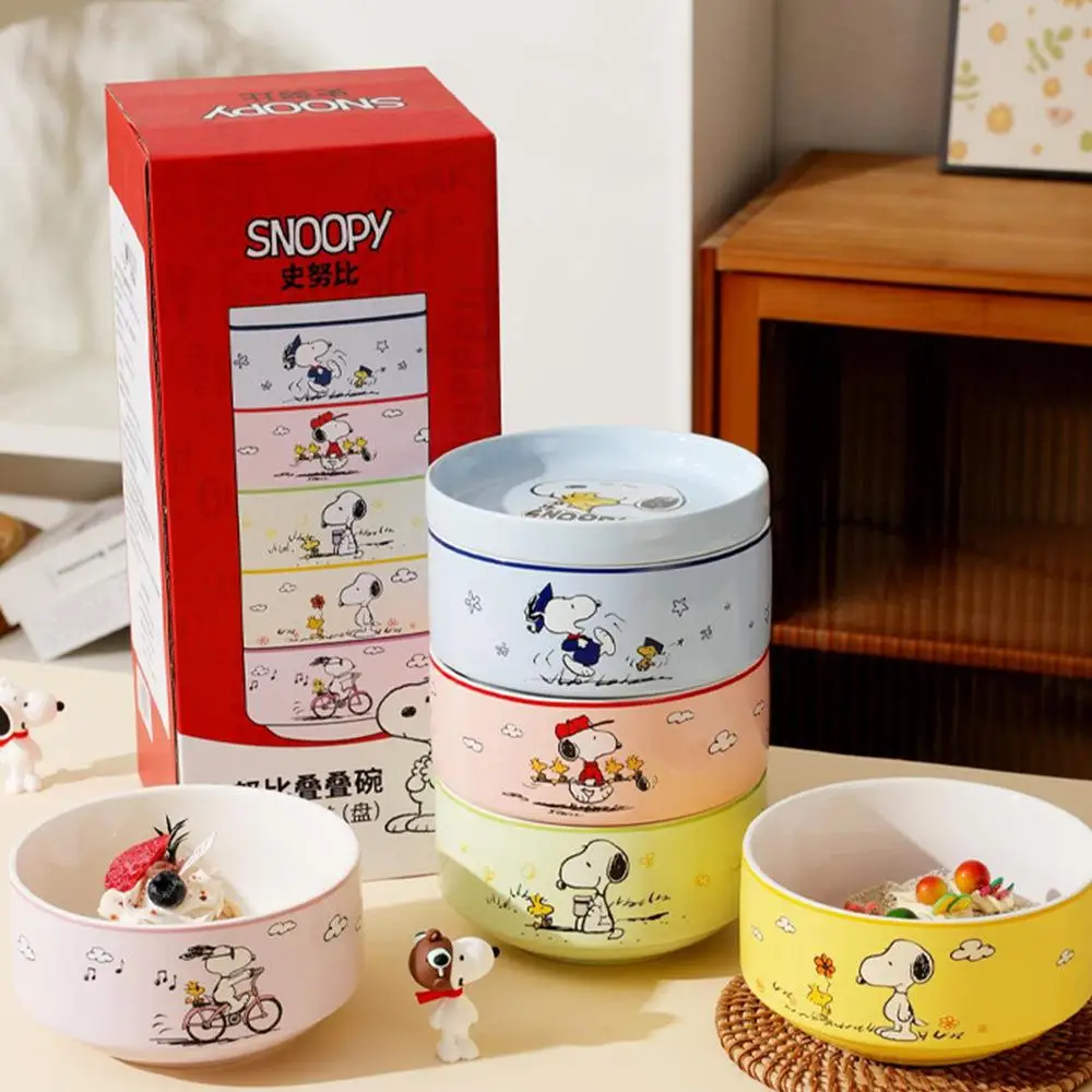 

5Pcs Kawaii Snoopy Anime Hobby Snoopy Cartoon Ceramic Bowl Five-Pack Stackable Breakfast Bowl Birthday Gift