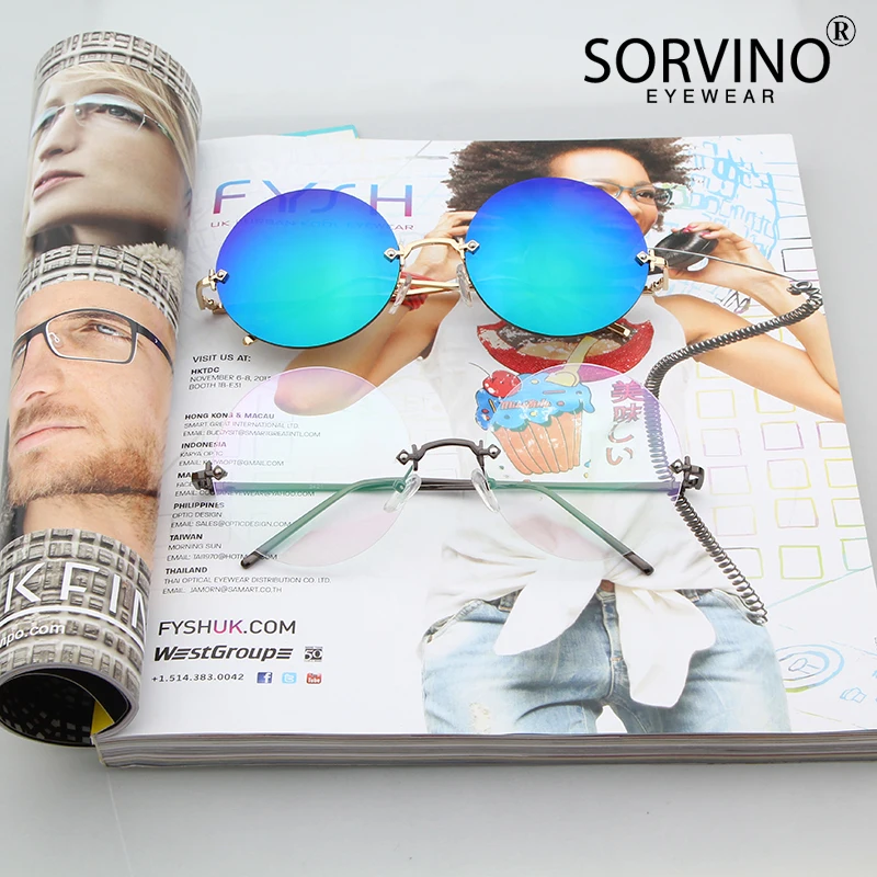 Fashion Lady Rimless Round Sunglasses Metal Female Trendy Reflective Blue Film Men Sun Glasses Cut Lens Spectacle Plain Eyewear