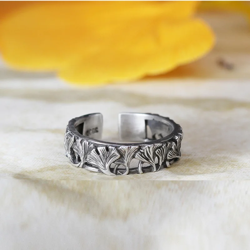 Buyee 925 Sterling Silver Couples Ring Elegant Ginkgo Leaves Open Ring Finger for Men Women Fashion Party Fine Jewelry Circle