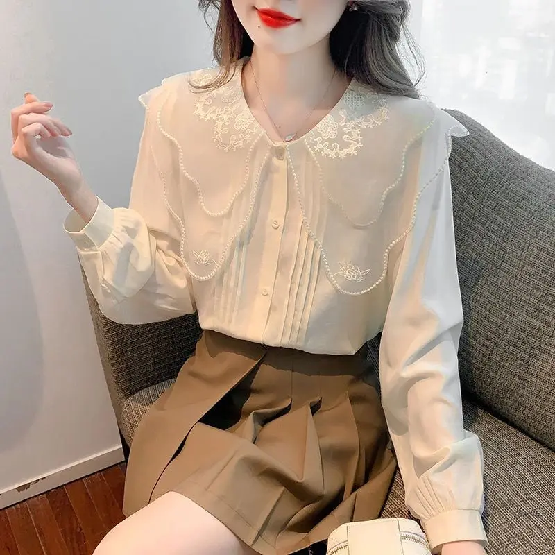 New French Doll Neck Chiffon Shirt for Women Long Sleeved Lace Versatile Stylish and Slimming Top