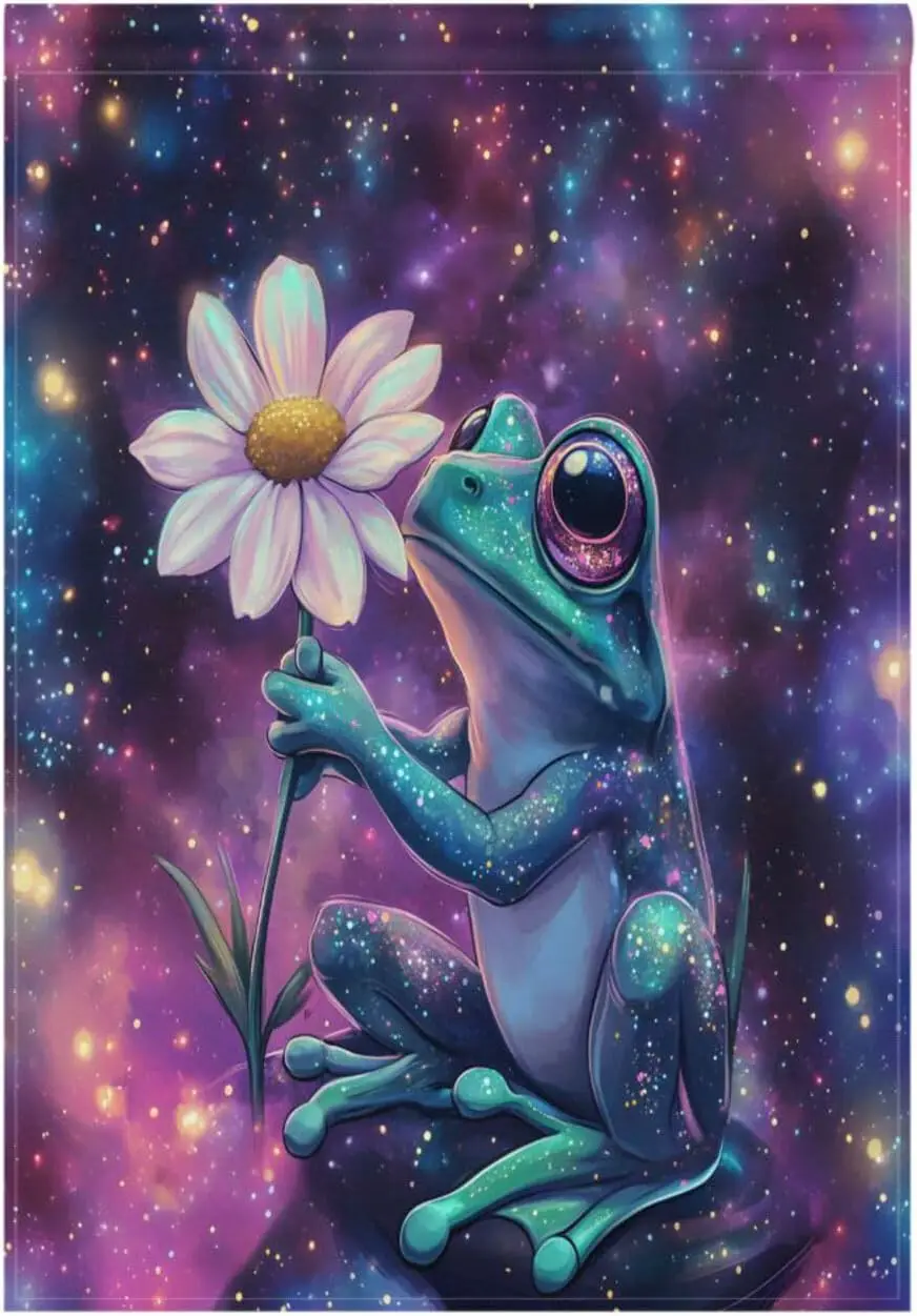 SUABO Galaxy Frog Flower Garden Flag 12x18inch Double Sided Outside, Rustic Yard Outdoor Decorative Flag, Seasonal Yard Outd AAS