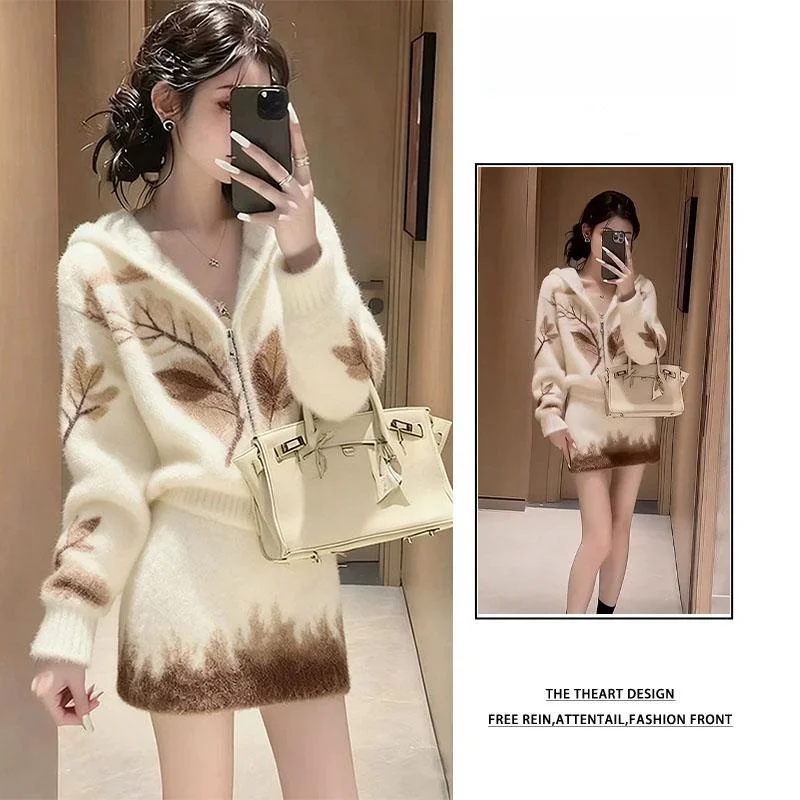 

Моющийся вязаный свитер и комплект юбки для женщин ort Sve Long Sve, осень-зима, Новое поступление, комплект одежды Ele