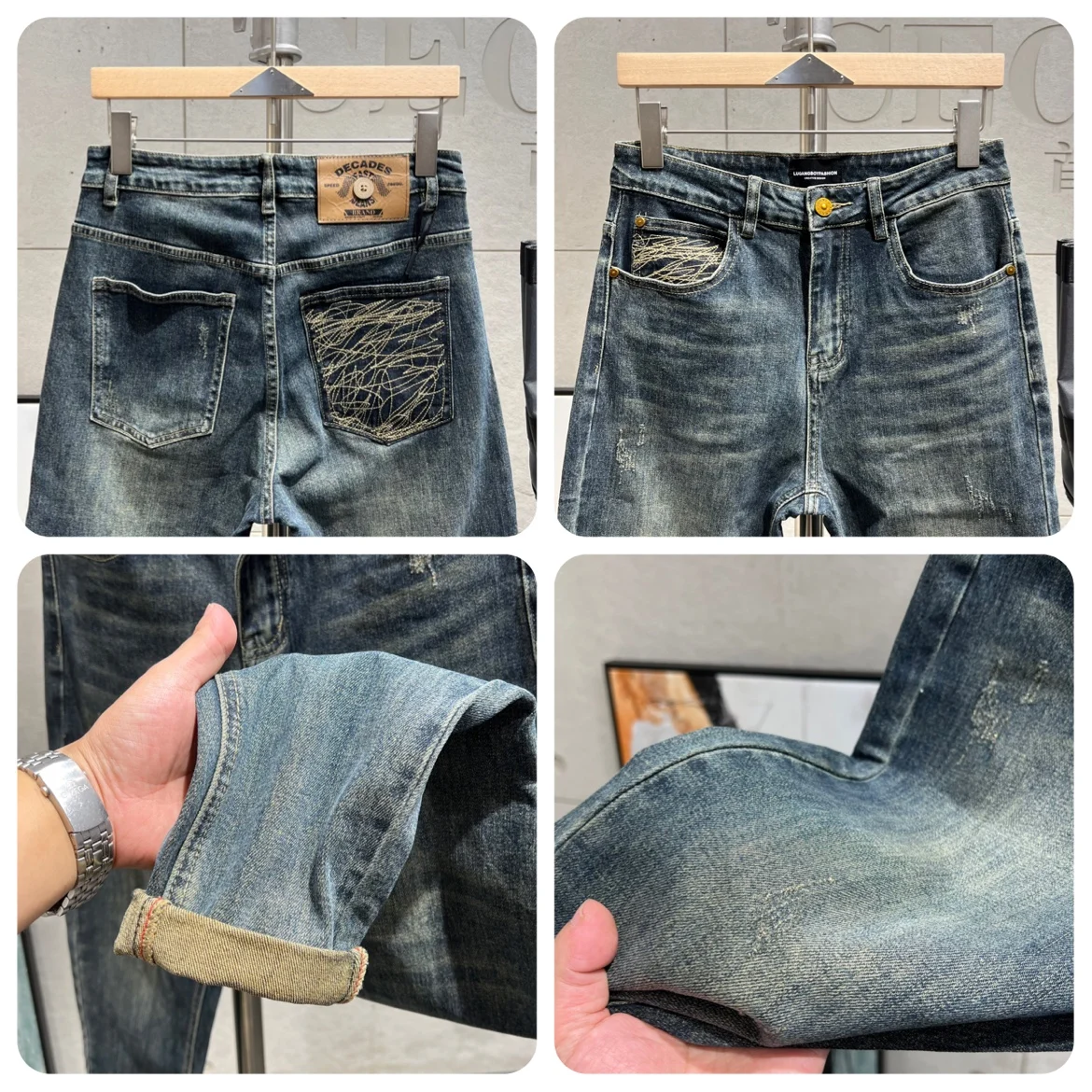 بنطلون جينز رجالي أمريكي ريترو بقصة ضيقة غير رسمي هارلان Sle قطن مطاطي من قماش الدنيم متوسط الخصر بنطلون طويل اتجاه الشباب