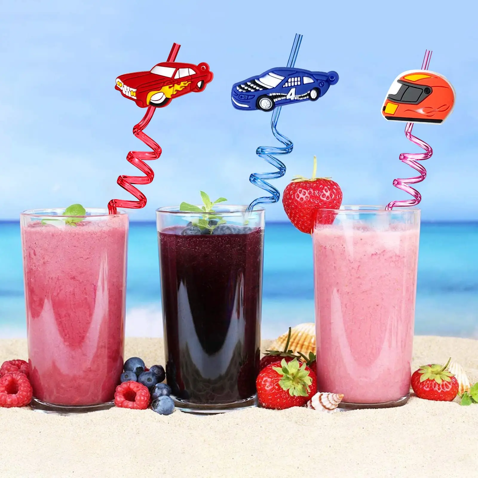 8pcs Race Car Plastic Straw Race Car Party Favors Drinking Straw Fast Two Birthday Party Supplies