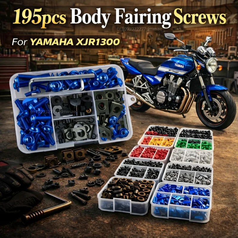 195-teiliges Motorrad-Verkleidungsschrauben-Set mit Muttern für YAMAHA XJR 1300 XJR1300 1998-2008, Aluminium-CNC-Befestigungsclips-Set