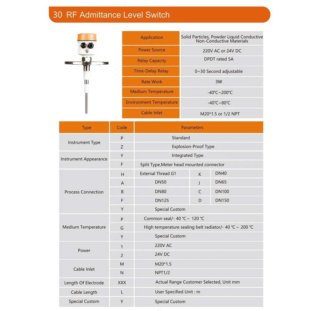 Capacitor level switch transmitter electrode fertilizer RF admittance level switch instrument