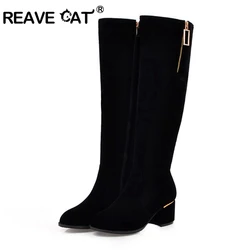 REAVE CAT Spring Autumn Knee High Boots Suede Round toe Rhinstone Female 2022 Chunky Heels Small Big 32-52 S2409