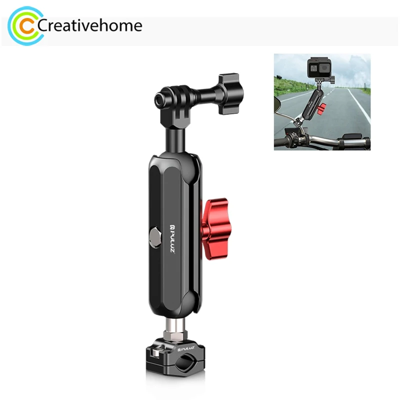 PULUZ Motorcycle Rearview Clamp CNC Metal Magic Arm Rod Mount 360-degree Rotating Double Ball Head For Action Camera / Phone