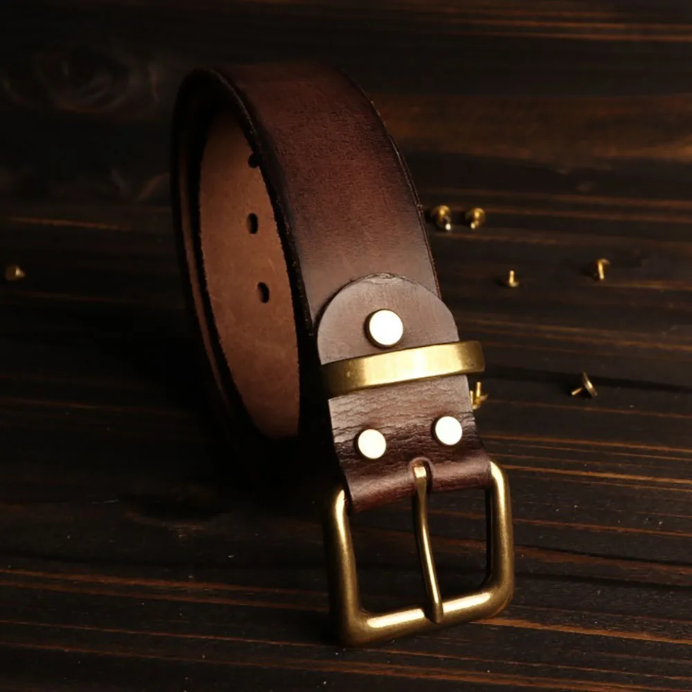 Retro Classic American Style Cowhide Leather Belt with Solid Brass Buckle for Men's Dress Pants 3.8cm Width