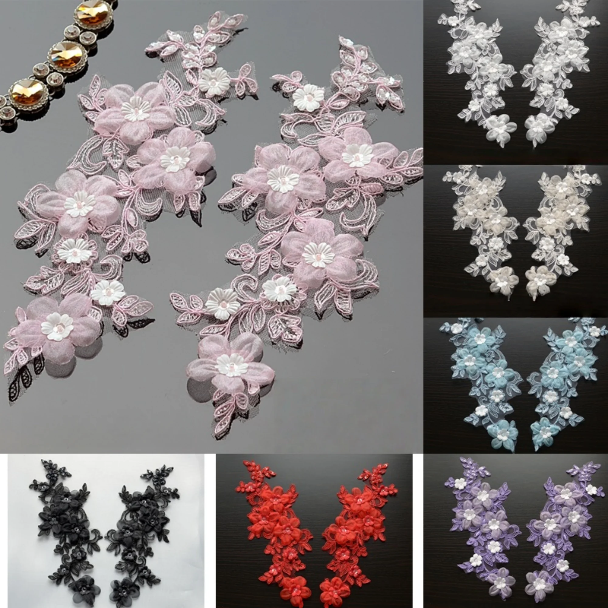 

Elegant 3D Flower Lace Appliqués, V Shaped Embroidered Trim for Dresses, Crafts and Wedding Accessories