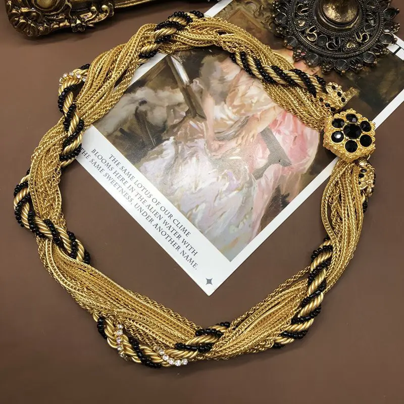 Medieval Retro Necklace Multi Layered Braided Metal Chain Encrusted Diamond Fashion Jewelry High Quality Heavyweight Necklace