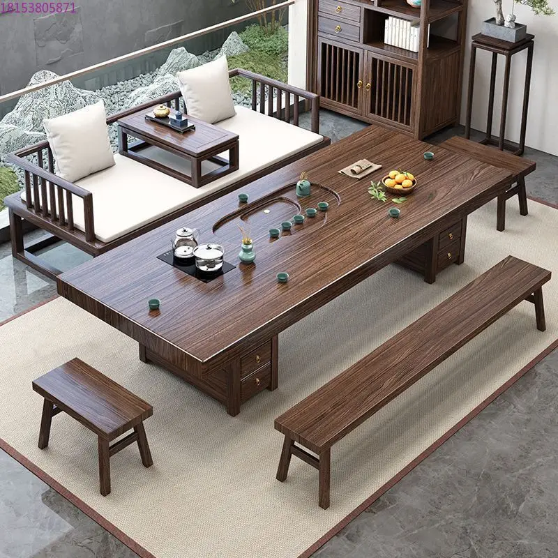 

New Chinese solid wood large board tea table and chair combination household ebony tea table office high-end