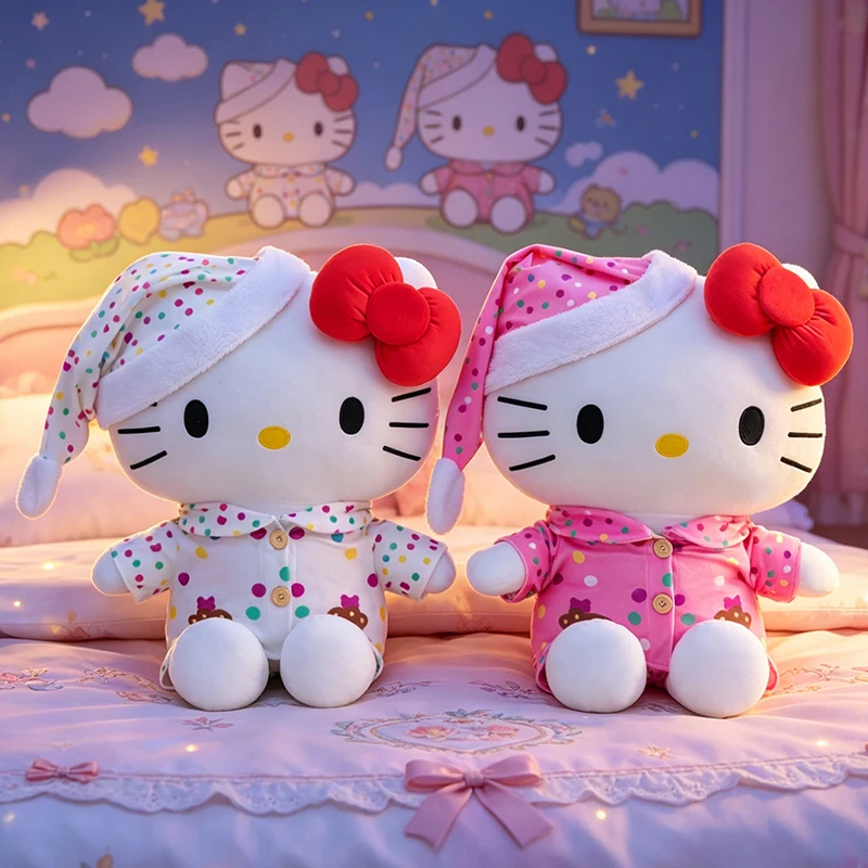 

New 2026 Sanrio 60cm Kawaii Hello Kitty Plush Toy with Pajamas & Nightcap, Soft Stuffed KT Cat Doll, Cute Bedtime Gift for Girls