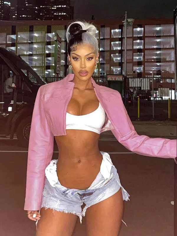 

Fashionable Short Pink Baseball Jacket Basic Street Style Women's Autumn Sexy Biker Windbreaker Top for Young Girls